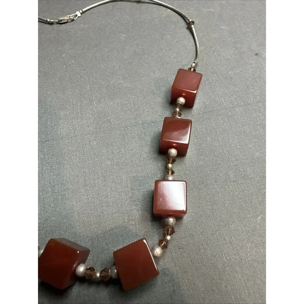 Vintage Old Silver 925 Red Squares And Silver Beads Beautiful Necklace Rare